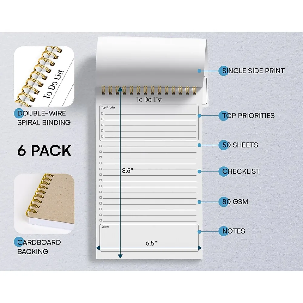 Notepads|Better Office To-Do List Notepad, 5.5" x 8.5", Ruled, White, 50 Sheets/Pad, 6 Pads/Pack (25825-6PK)