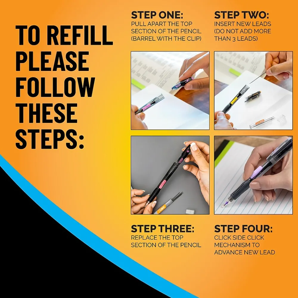 Pencils|BIC Break Resistant Mechanical Pencil Lead and Eraser Refills, 12/Pack (LMV7PR42-AST)