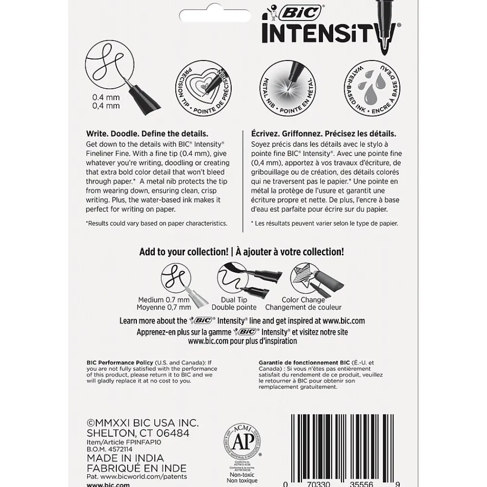 Pens|BIC Intensity Fineliner Felt Pens, Fine Point, Assorted Inks, 10/Pack (FPINFAP10-AST)