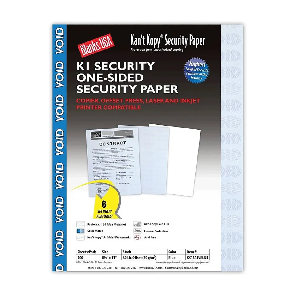 Security & Carbon*Blanks USA Kan't Kopy 8.5" x 11" Security Paper, 60 lbs., Blue, 500 Sheets/Ream (KK15A1VBLNB)