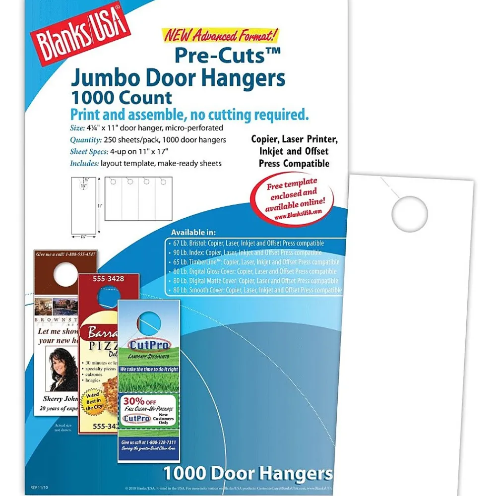 Business Cards*Blanke Blanks/USA® 4 1/4" x 11" 67 lbs. Digital Bristol Cover Door Hanger, White, 250/Pack, 1000 Pieces