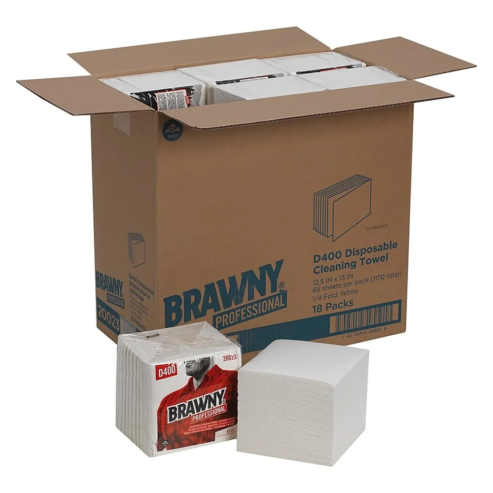 Professional D400 Durable Fibers Cleaning Wipers, 12.5" x 13", White, 18/Carton (20023)<Brawny Clearance