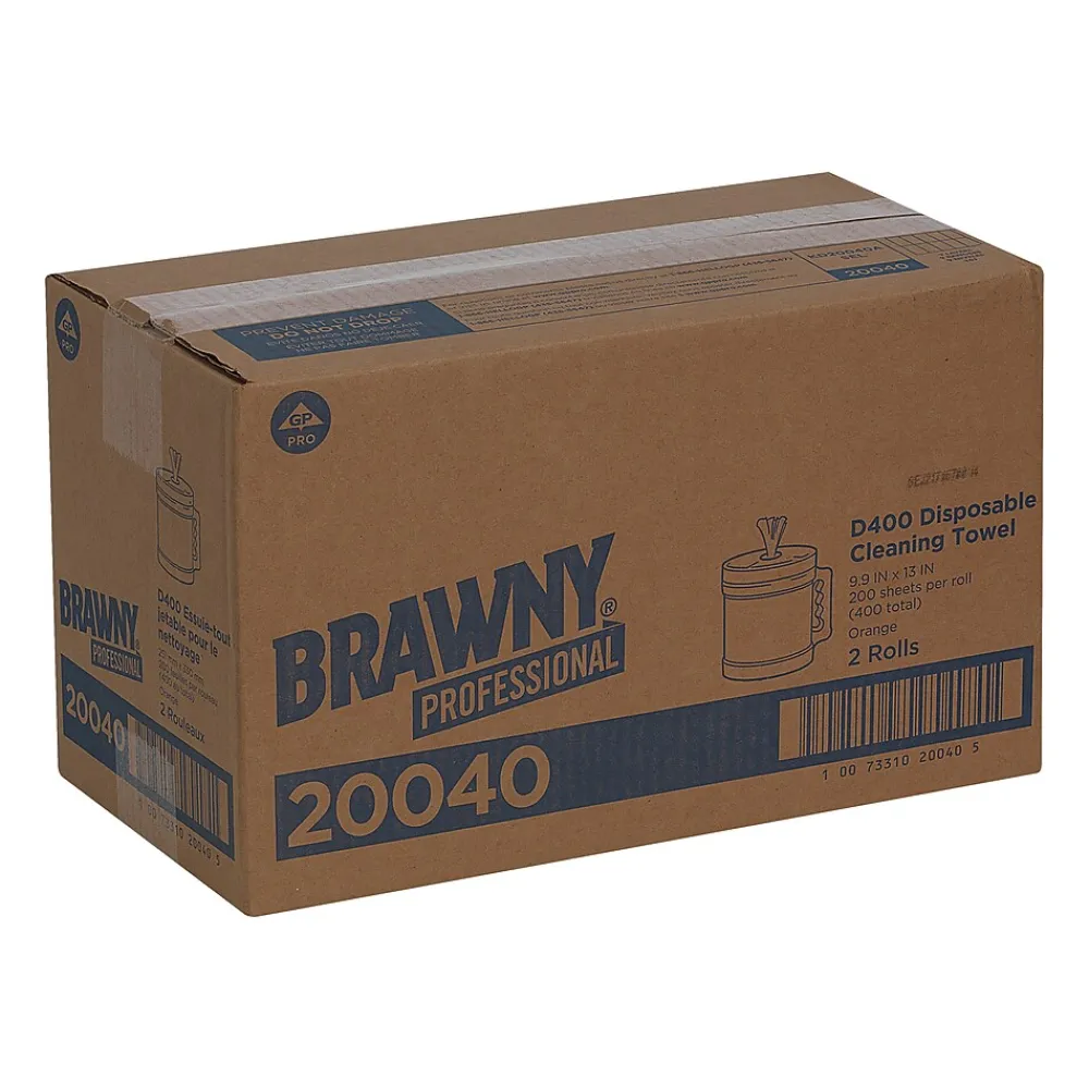 Professional D400 Durable Fibers Cleaning Wipers, 13" x 9.9", Orange, 200 Sheets/Roll, 200 Wipers/Box (20040)<Brawny Discount
