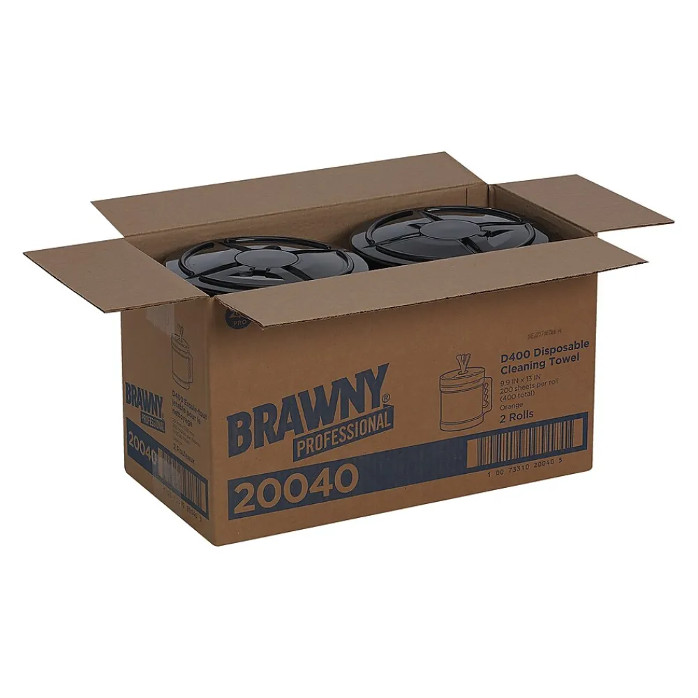 Professional D400 Durable Fibers Cleaning Wipers, 13" x 9.9", Orange, 200 Sheets/Roll, 200 Wipers/Box (20040)<Brawny Discount