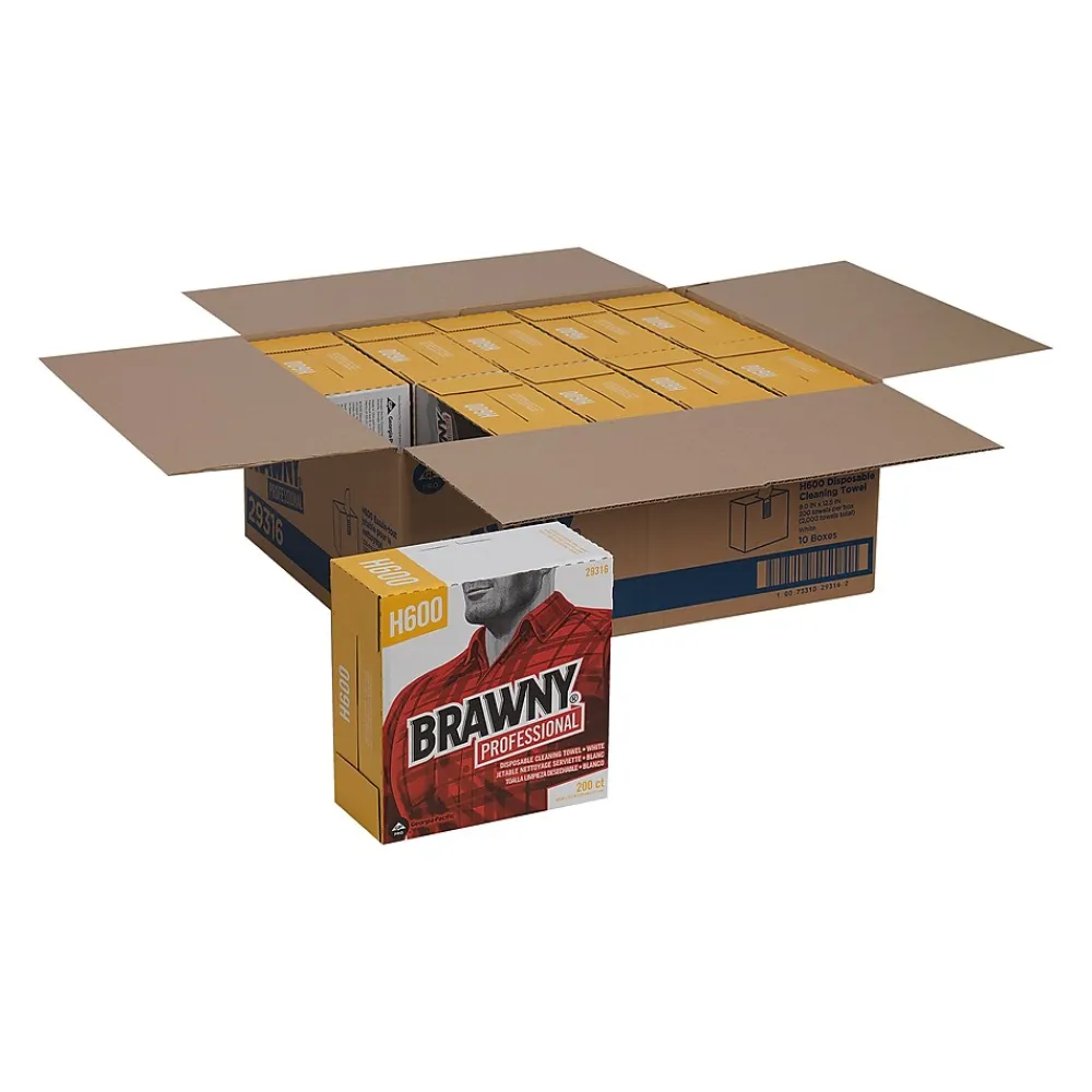 Professional H600 Synthetic Fiber Cleaning Wipers, 12.5" x 9.1", White, 200 Wipers/Box, 10/Carton (29316)<Brawny New
