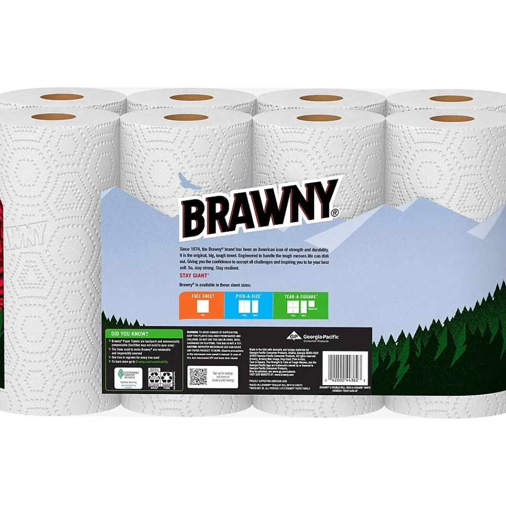 Brawny Tear-A-Square Paper Towels, 2-ply, 120 Sheets/Roll, 8 Rolls/Pack (443665)