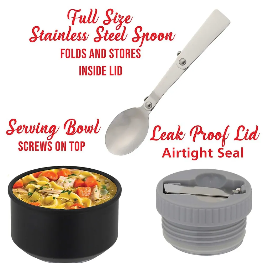 Geojug Stainless Steel Double Walled Food Jar with Bowl & Folding Spoon, 25 oz., Black (FTS-750BK)<Brentwood Online