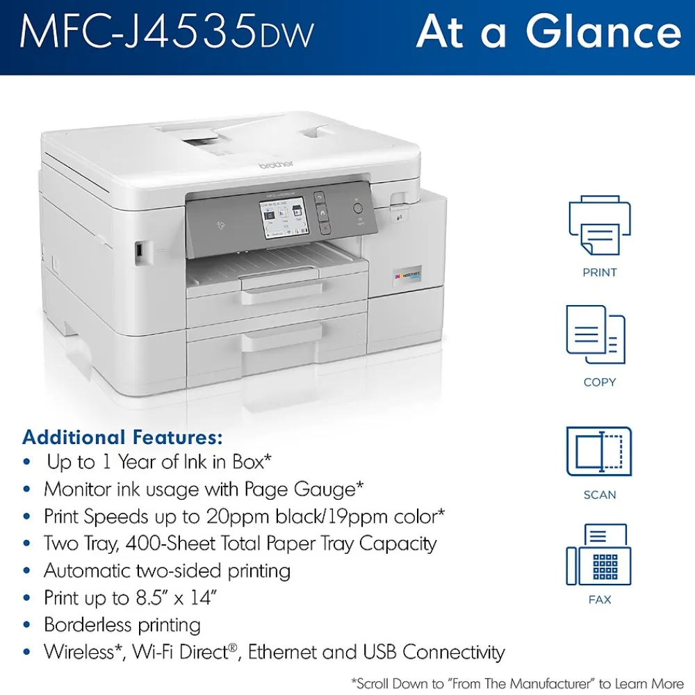 Brother INKvestment Tank MFC-J4535DW Wireless Color Inkjet Printer, All-In-One Supertank, Print, Scan, Copy, Fax