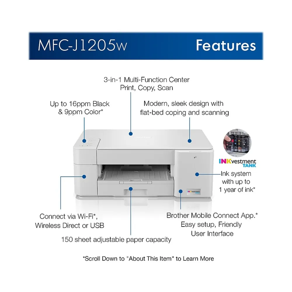 Brother INKvestment Tank MFC-J1205W Refurbished Inkjet Printer, All-In-One, Print, Scan, Copy (RMFCJ1205W)