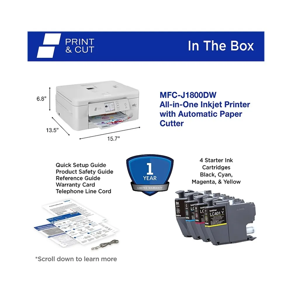 Brother Print & Cut MFC-J1800DW Wireless Color Inkjet Printer, All-In-One, Print, Scan, Copy, Fax