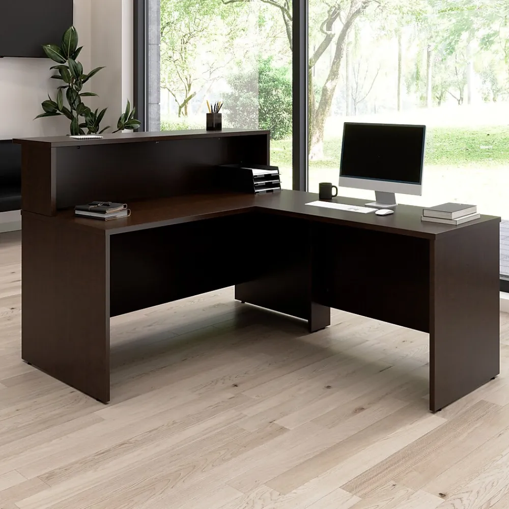 Office Desks*Bush Business Furniture Arrive 60"W L Shaped Reception Desk with Shelf, (ARV003MR) Mocha Cherry