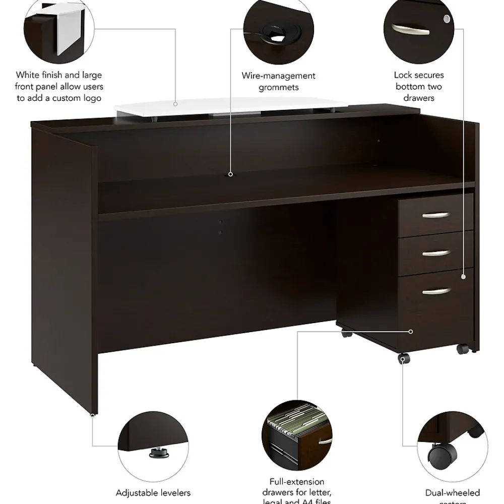 Office Desks*Bush Business Furniture Arrive 72"W Reception Desk with Counter and Mobile File Cabinet, (ARV008MR) Mocha Cherry