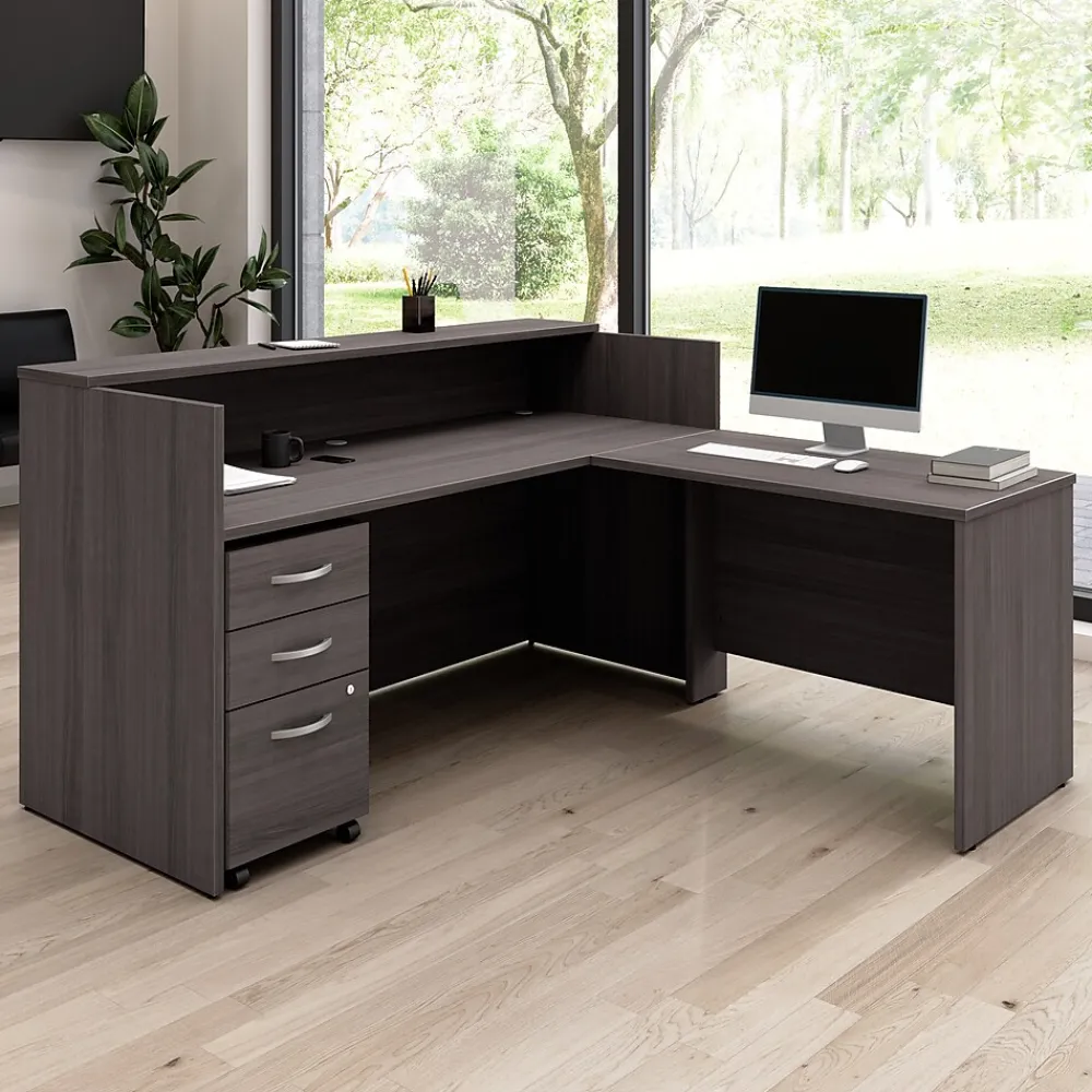 Office Desks*Bush Business Furniture Arrive 72"W L Shaped Reception Desk with Shelf and Mobile File Cabinet, (ARV007SG) Storm Gray