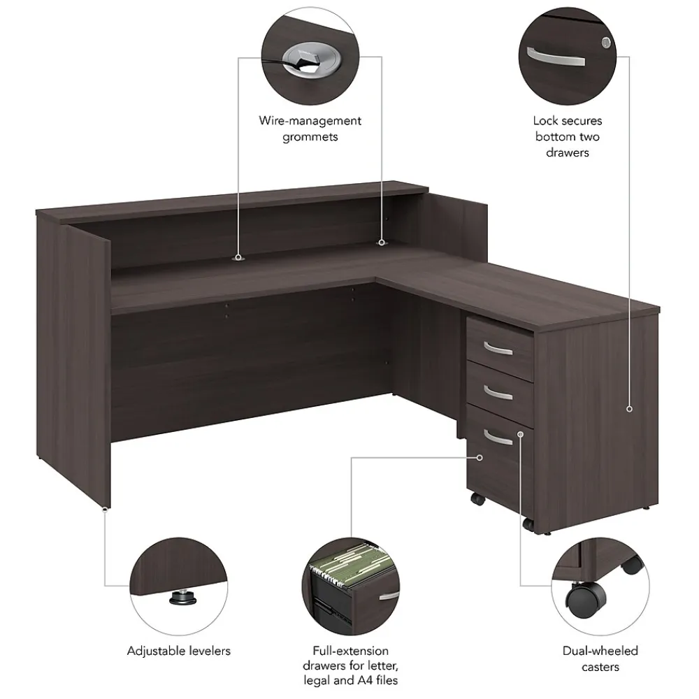 Office Desks*Bush Business Furniture Arrive 72"W L Shaped Reception Desk with Shelf and Mobile File Cabinet, (ARV007SG) Storm Gray