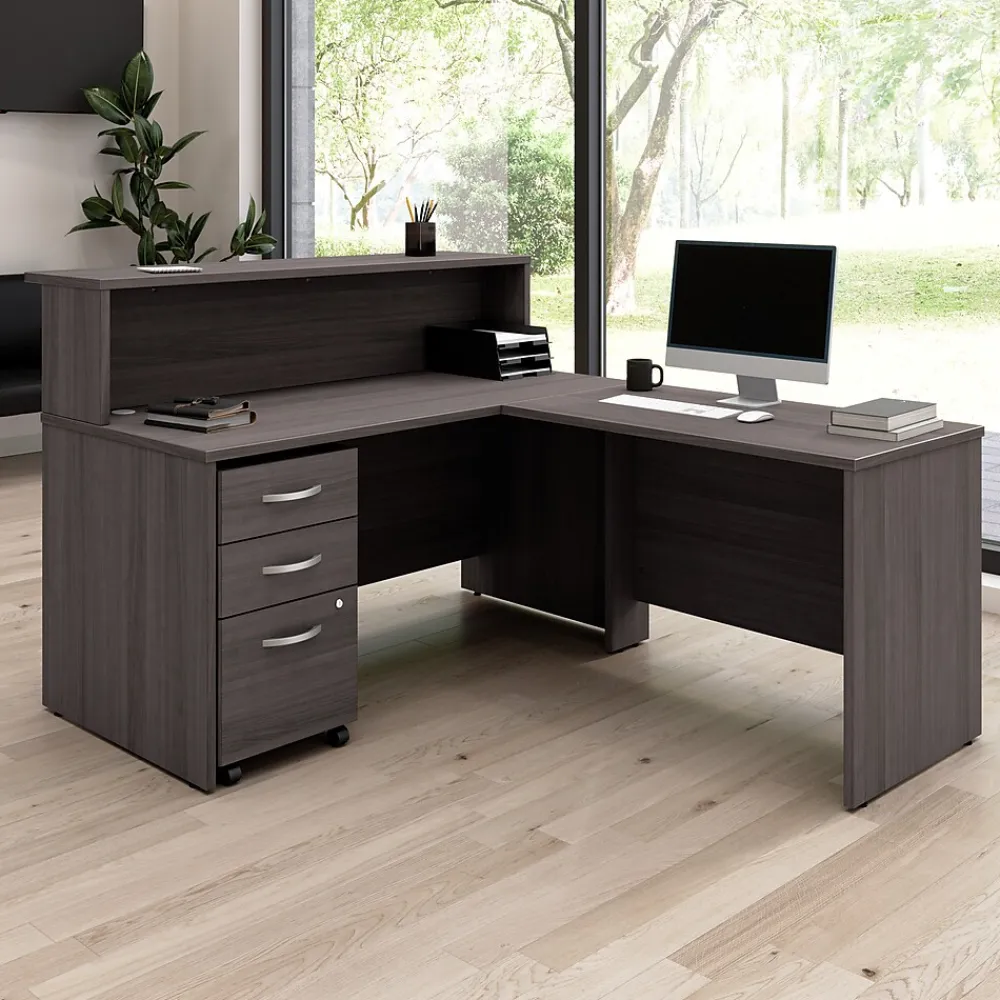 L-Desks*Bush Business Furniture Arrive 60"W L Shaped Reception Desk with Shelf and Mobile File Cabinet, (ARV004SG) Storm Gray