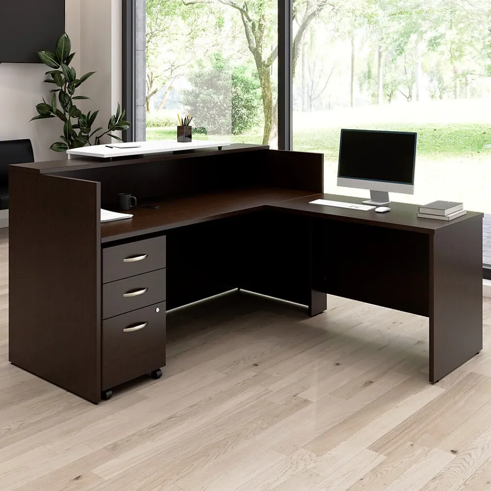 Office Desks*Bush Business Furniture Arrive 72"W L Shaped Reception Desk with Counter and Mobile File Cabinet, (ARV010MR) Mocha Cherry