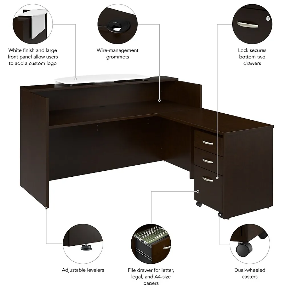 Office Desks*Bush Business Furniture Arrive 72"W L Shaped Reception Desk with Counter and Mobile File Cabinet, (ARV010MR) Mocha Cherry