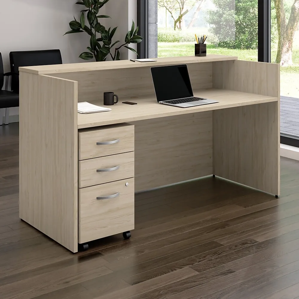Office Desks*Bush Business Furniture Arrive 72"W Reception Desk with Shelf and Mobile File Cabinet, (ARV005NE) Natural Elm