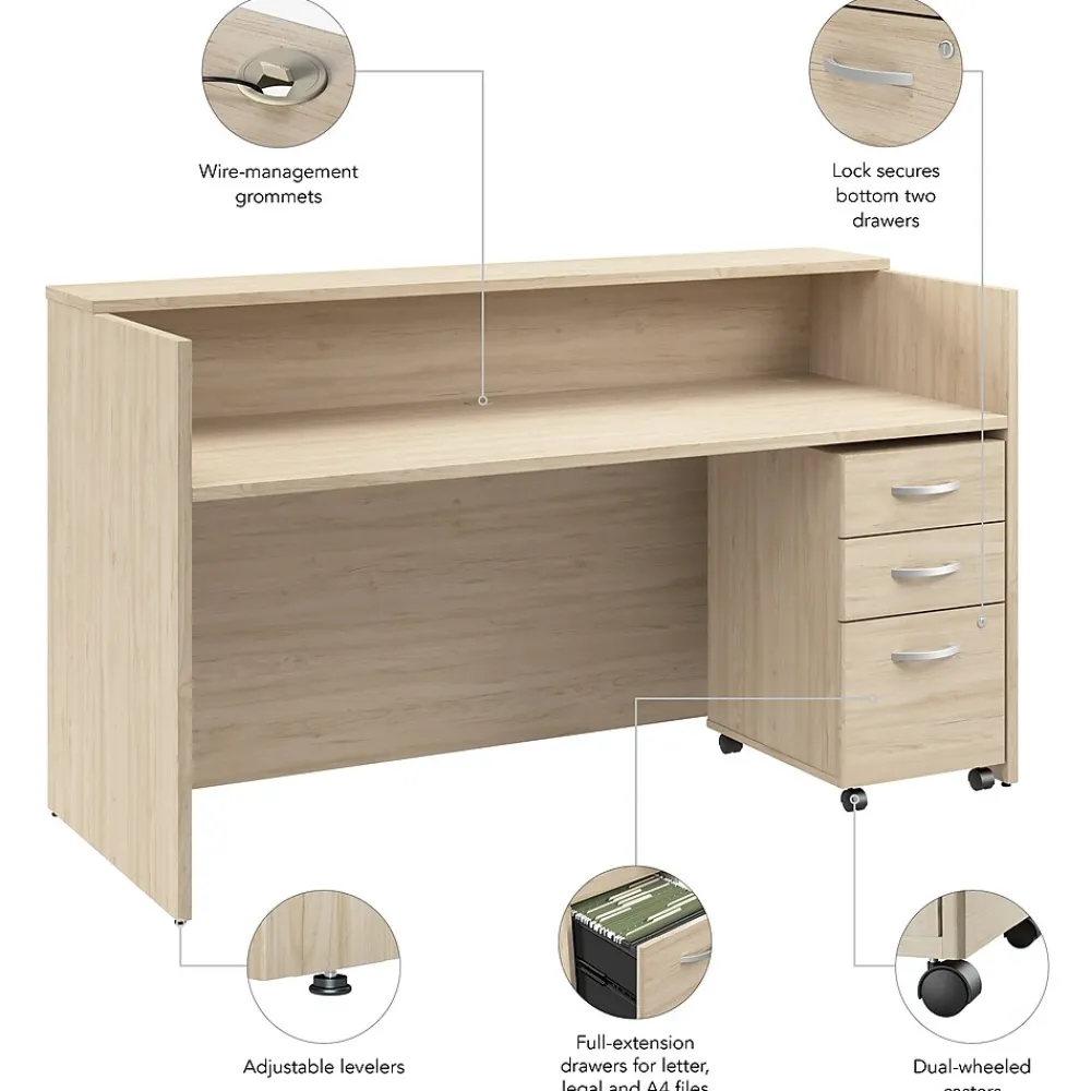 Office Desks*Bush Business Furniture Arrive 72"W Reception Desk with Shelf and Mobile File Cabinet, (ARV005NE) Natural Elm