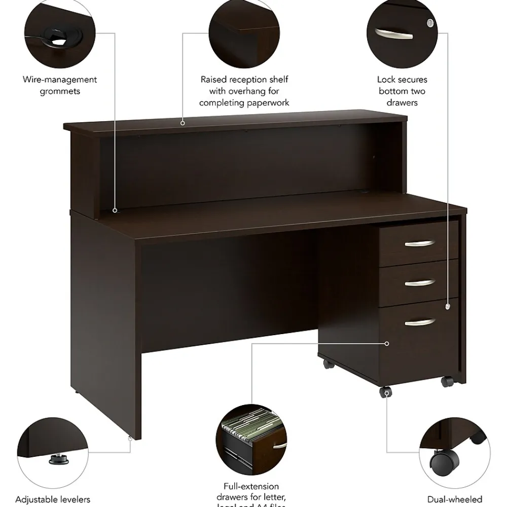 Office Desks*Bush Business Furniture Arrive 60"W Reception Desk with Shelf and Mobile File Cabinet, (ARV002MR) Mocha Cherry