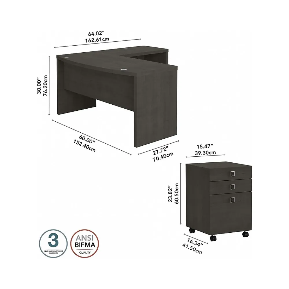 L-Desks*Bush Business Furniture Echo 60"W L Shaped Bow Front Desk with Mobile File Cabinet, Charcoal Maple (ECH007CM)