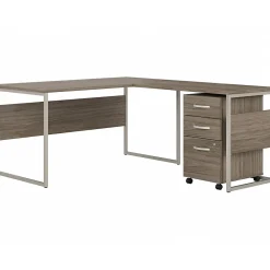 Office Desks*Bush Business Furniture Hybrid 60"W L Shaped Table Desk with Mobile File Cabinet, (HYB029MHSU) Modern Hickory