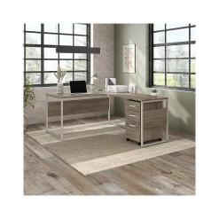 Office Desks*Bush Business Furniture Hybrid 60"W L Shaped Table Desk with Mobile File Cabinet, (HYB029MHSU) Modern Hickory