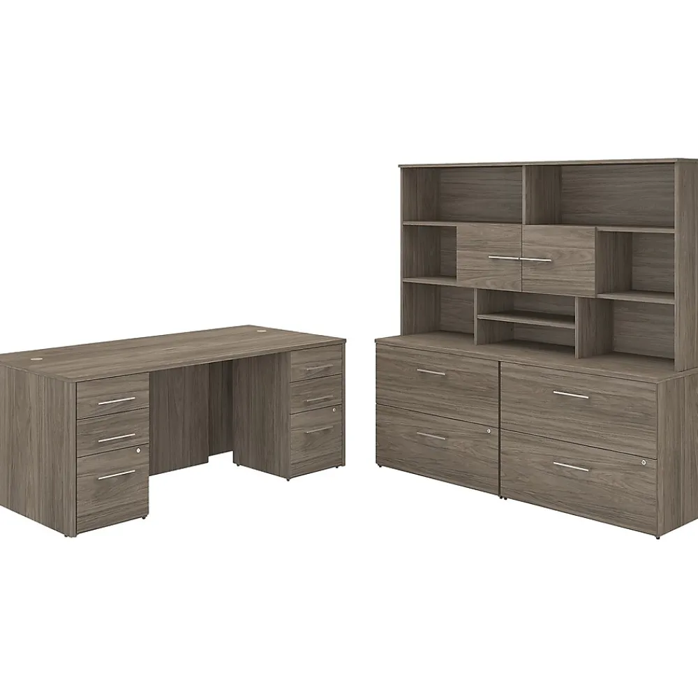 Computer Desks*Bush Business Furniture Office 500 72"W Executive Desk with Drawers, Lat File Cabinets and Hutch, (OF5001MHSU) Modern Hickory