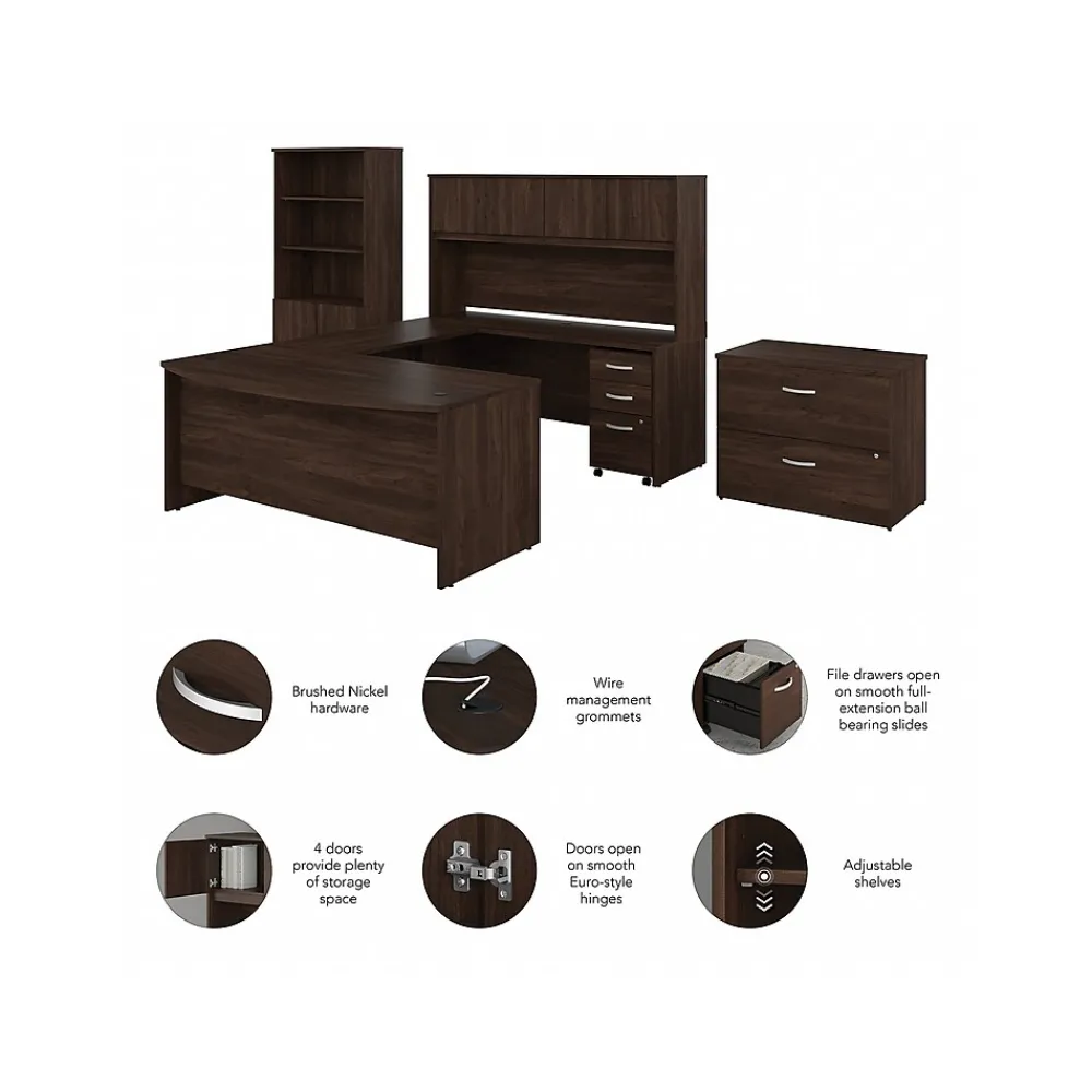 Office Desks*Bush Business Furniture Studio C 72"W U Shaped Desk with Hutch, Bookcase and File Cabinets, (STC001BWSU) Black Walnut