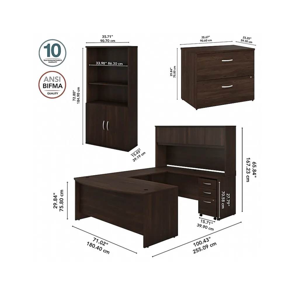 Office Desks*Bush Business Furniture Studio C 72"W U Shaped Desk with Hutch, Bookcase and File Cabinets, (STC001BWSU) Black Walnut