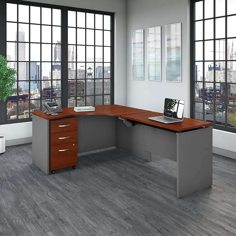 Standing Desks*Bush Business Furniture Westfield 60"W Right Hand 3 Position Sit to Stand L Desk w File Cabinet, Hansen Cherry (SRC128HCSU)