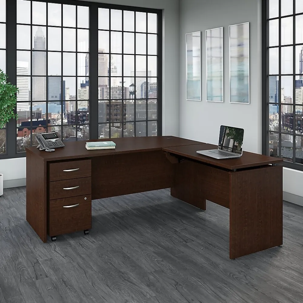 Standing Desks*Bush Business Furniture Westfield 72"W 3 Position Bow Front Sit to Stand L Desk w/ File Cabinet, (SRC126MRSU) Mocha Cherry