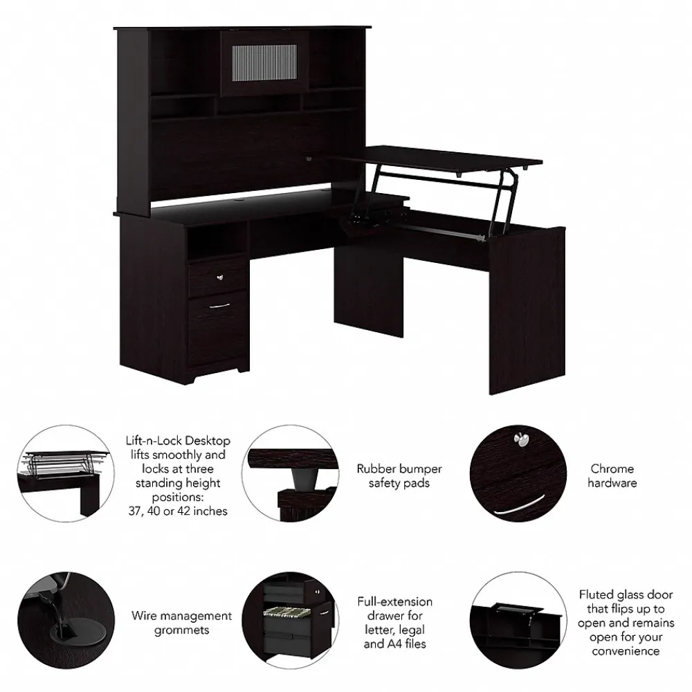 Standing Desks*Bush Furniture Cabot 60"W 3 Position Sit to Stand L Shaped Desk with Hutch, Espresso Oak (CAB045EPO)