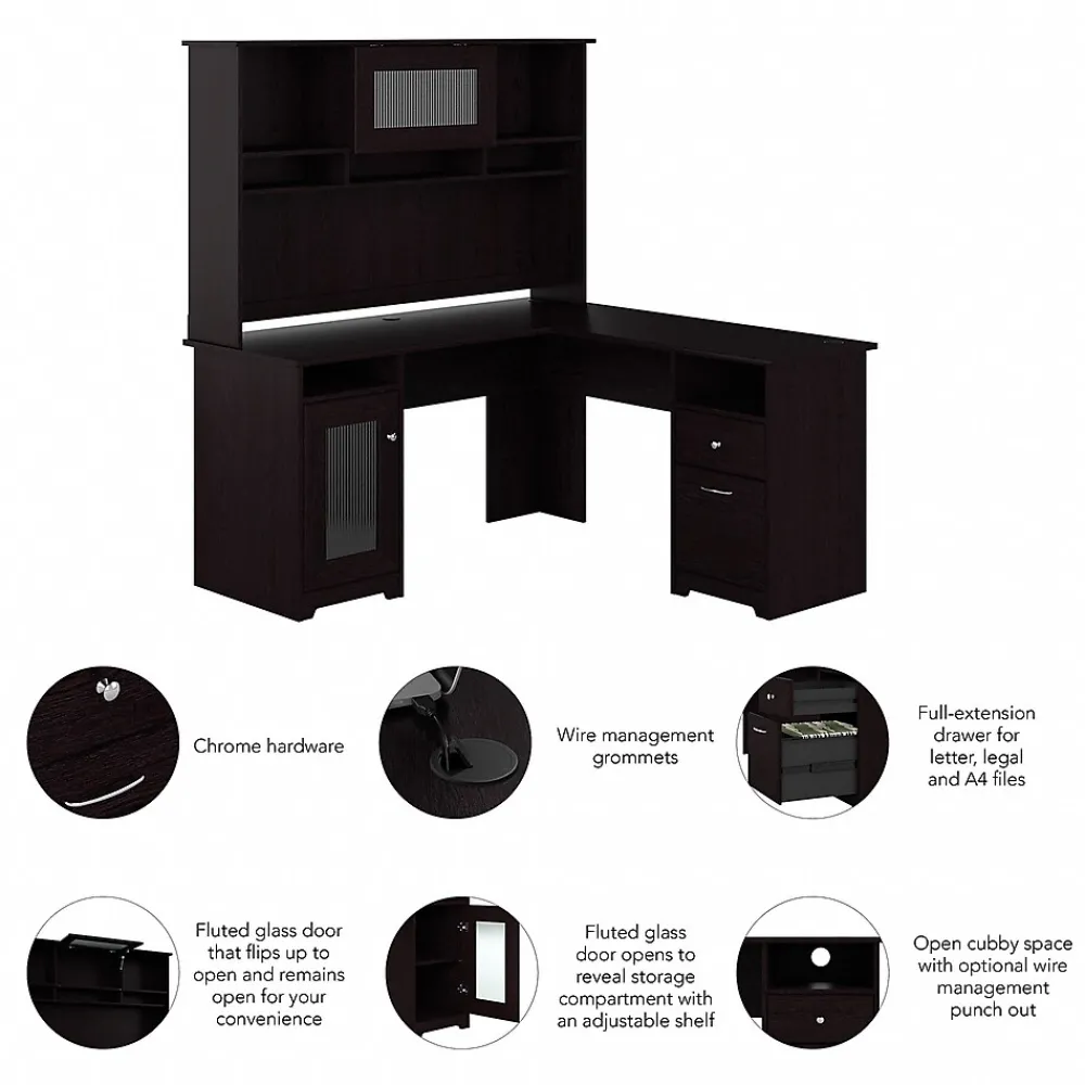 L-Desks*Bush Furniture Cabot 60"W L Shaped Computer Desk with Hutch and Storage, (CAB001EPO) Espresso Oak