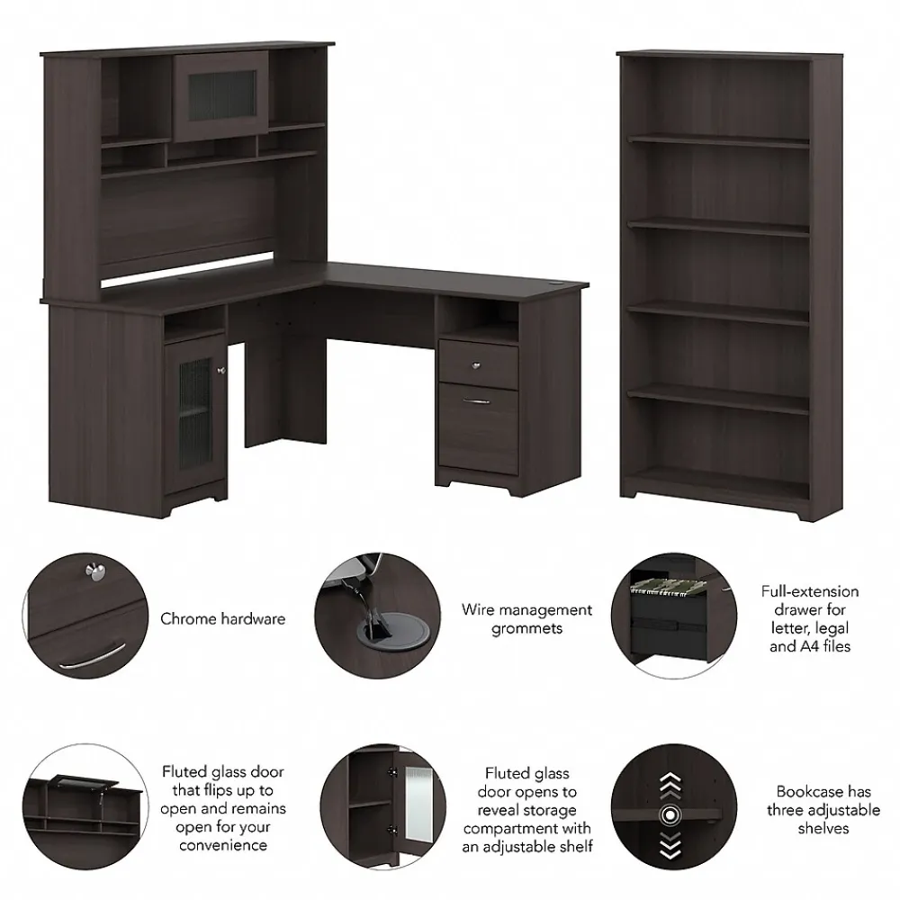 L-Desks*Bush Furniture Cabot 60"W L Shaped Computer Desk with Hutch and 5 Shelf Bookcase, (CAB011HRG) Heather Gray