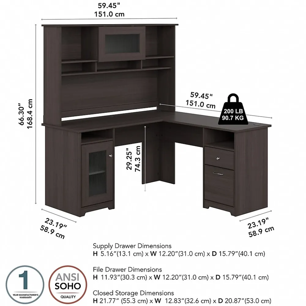 L-Desks*Bush Furniture Cabot 60"W L Shaped Computer Desk with Hutch and Storage, (CAB001HRG) Heather Gray