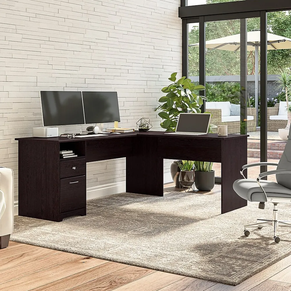 Office Desks*Bush Furniture Cabot 72"W L Shaped Computer Desk with Drawers, (CAB051EPO) Espresso Oak