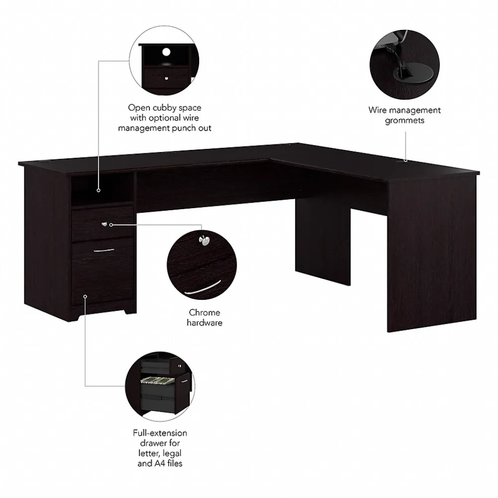 Office Desks*Bush Furniture Cabot 72"W L Shaped Computer Desk with Drawers, (CAB051EPO) Espresso Oak