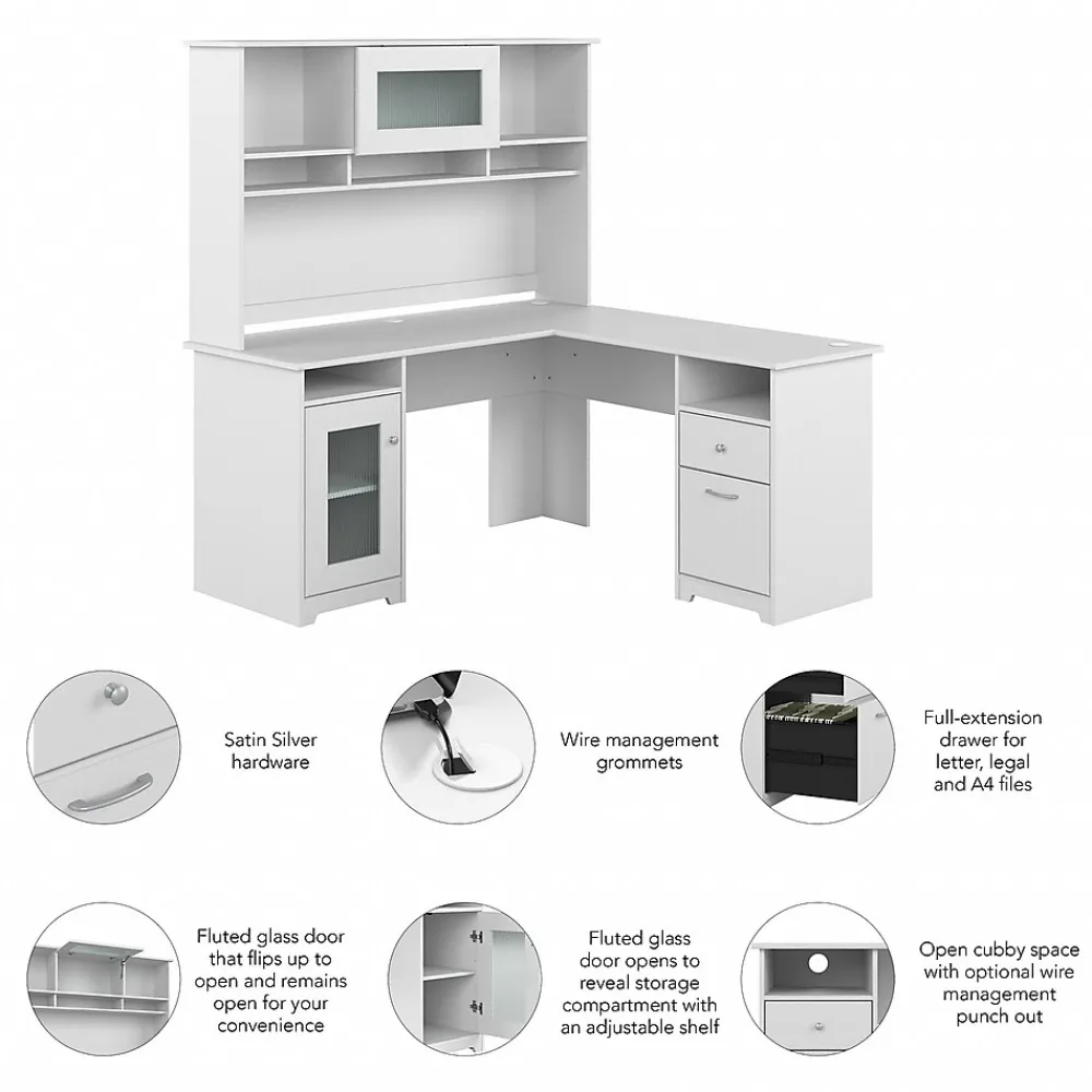 Computer Desks*Bush Furniture Cabot 60"W L Shaped Computer Desk with Hutch and Storage, (CAB001WHN) White