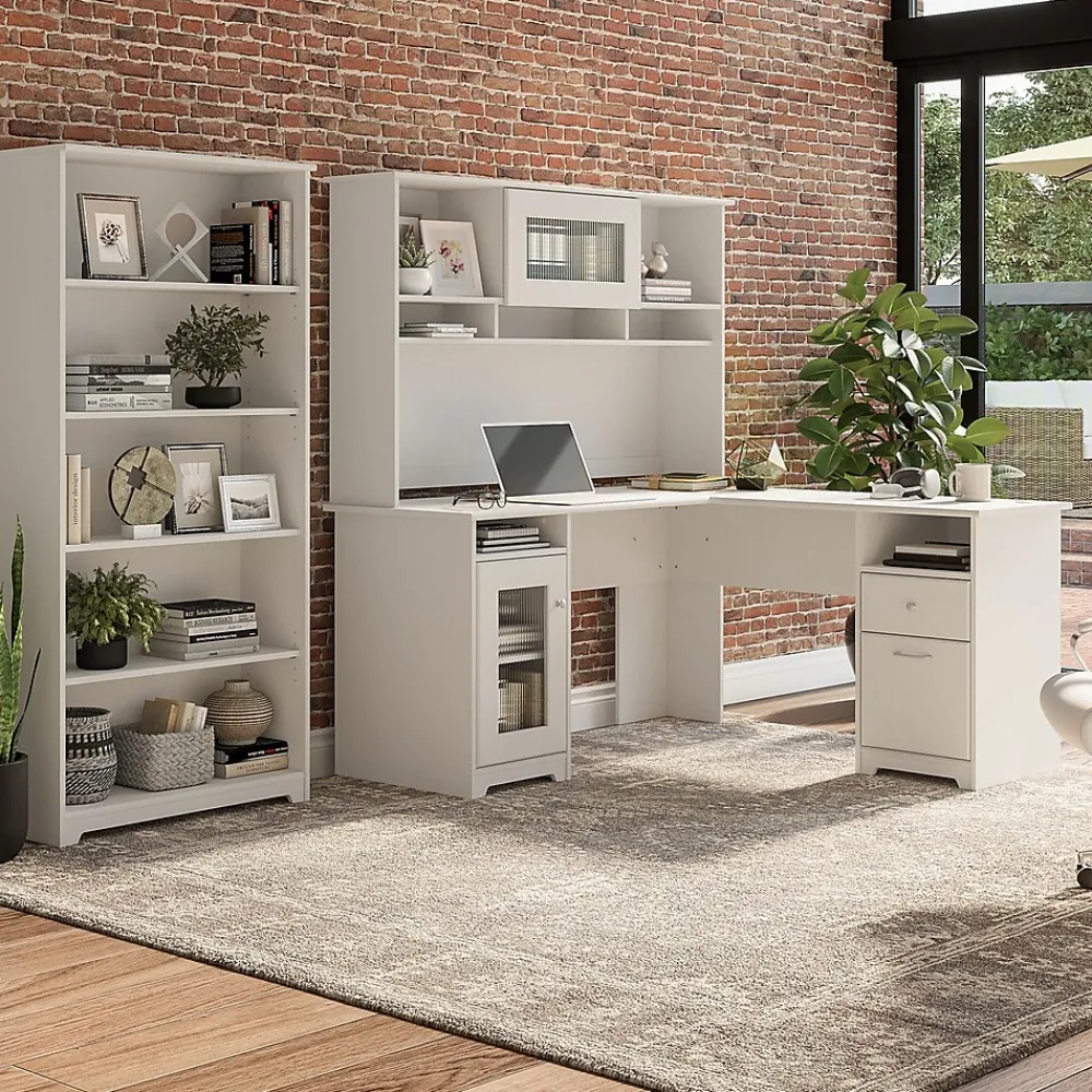 L-Desks*Bush Furniture Cabot 60"W L Shaped Computer Desk with Hutch and 5 Shelf Bookcase, (CAB011WHN) White
