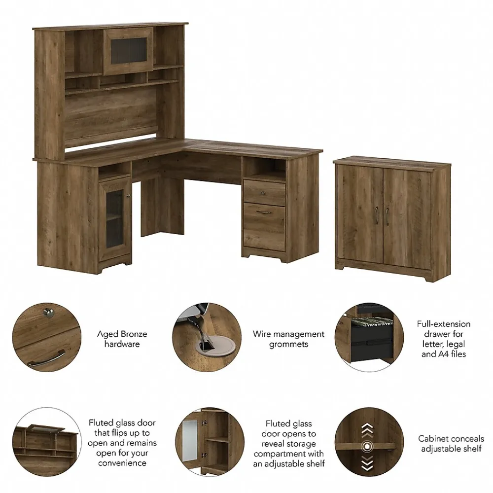 Office Desks*Bush Furniture Cabot 60"W L Shaped Computer Desk with Hutch and Small Storage Cabinet, Reclaimed Pine (CAB016RCP)