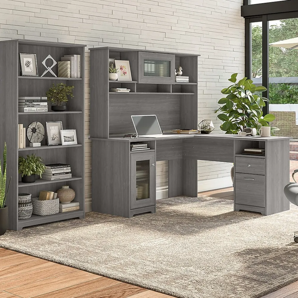 L-Desks*Bush Furniture Cabot 60"W L Shaped Computer Desk with Hutch and 5 Shelf Bookcase, (CAB011MG) Modern Gray