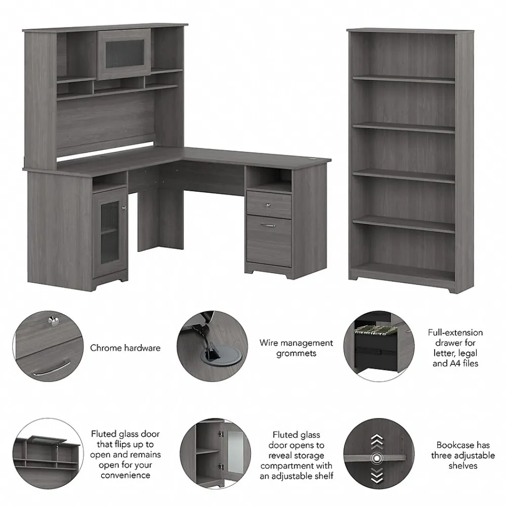 L-Desks*Bush Furniture Cabot 60"W L Shaped Computer Desk with Hutch and 5 Shelf Bookcase, (CAB011MG) Modern Gray
