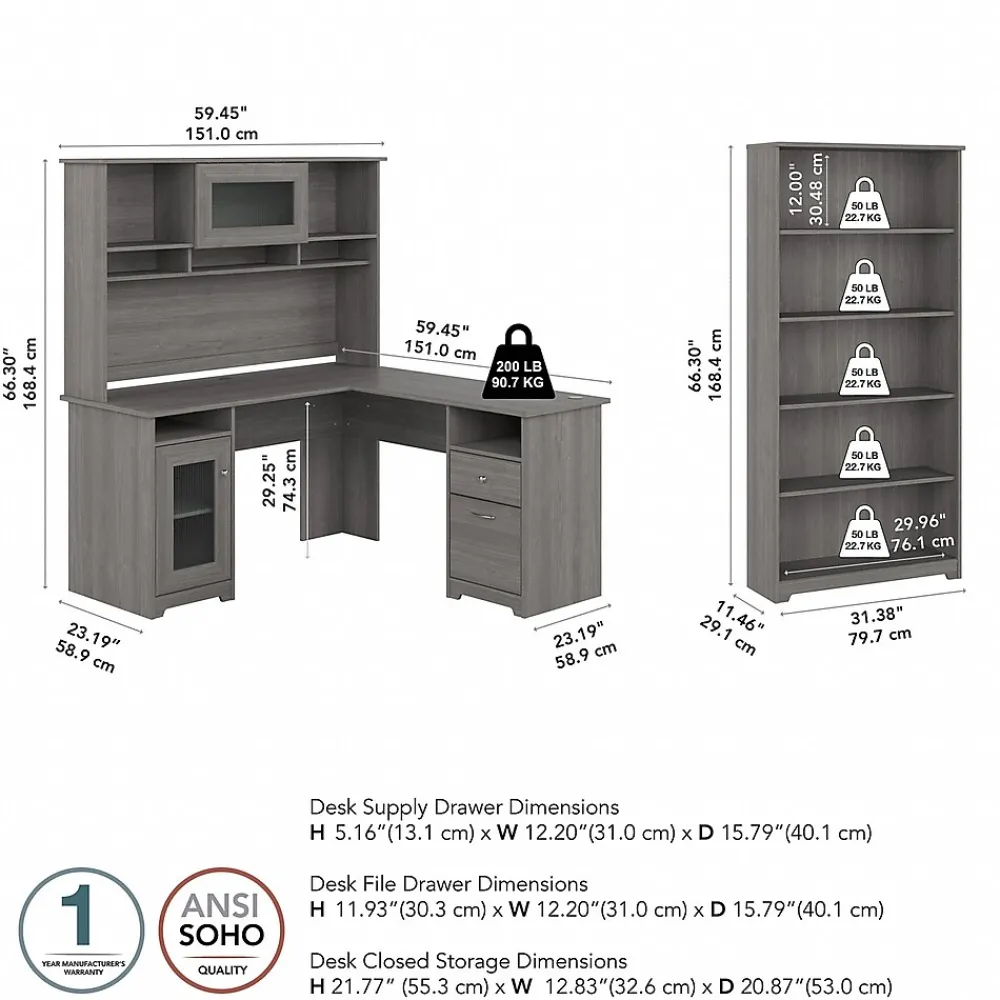 L-Desks*Bush Furniture Cabot 60"W L Shaped Computer Desk with Hutch and 5 Shelf Bookcase, (CAB011MG) Modern Gray
