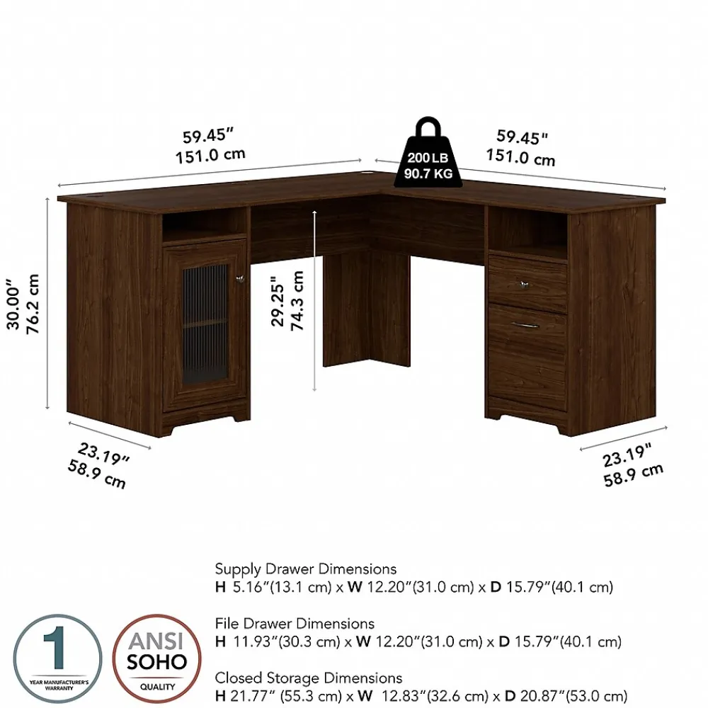 Office Desks*Bush Furniture Cabot 60"W L Shaped Computer Desk, (WC31030-03K) Modern Walnut