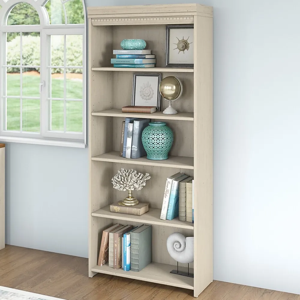 Bookcases*Bush Furniture Fairview Collection 69"H 5-Shelf Bookcase with Adjustable Shelves, Antique White Laminated Wood (WC53265-03)