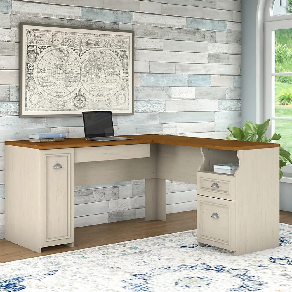 Computer Desks*Bush Furniture Fairview 60"W L Shaped Desk with Drawers and Storage Cabinet, (WC53230-03K) Antique White/Tea Maple