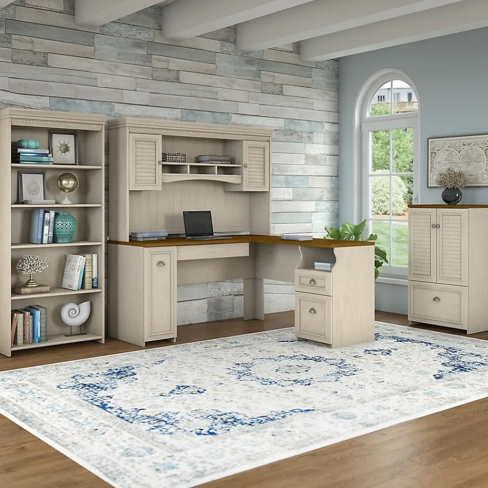 Computer Desks*Bush Furniture Fairview 60"W L Shaped Desk with Drawers and Storage Cabinet, (WC53230-03K) Antique White/Tea Maple