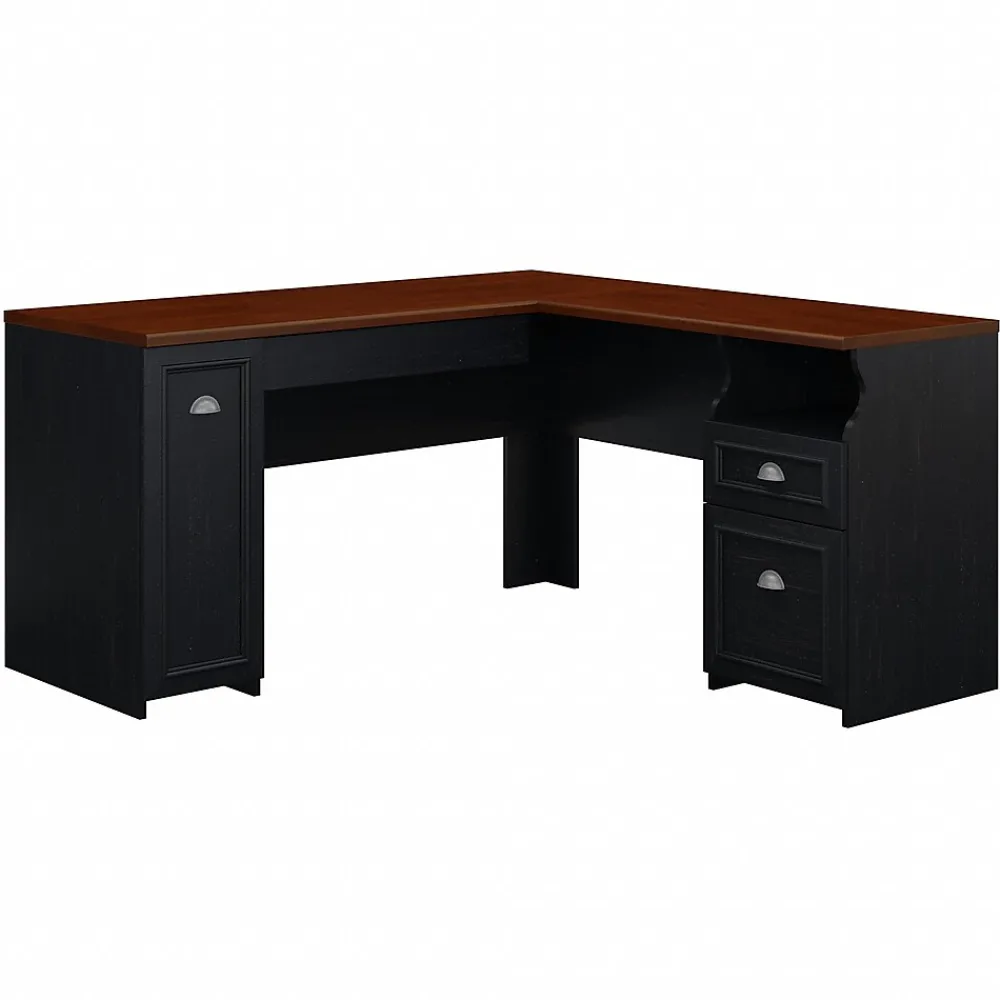 Office Desks*Bush Furniture Fairview 60"W L Shaped Desk with Drawers and Storage Cabinet, (WC53930-03K) Antique Black/Hansen Cherry