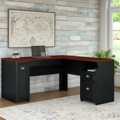 Office Desks*Bush Furniture Fairview 60"W L Shaped Desk with Drawers and Storage Cabinet, (WC53930-03K) Antique Black/Hansen Cherry